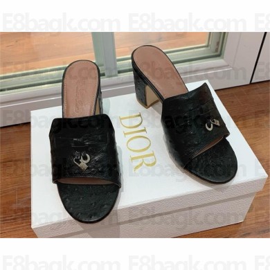 Loro Piana HEEL 8cm ostrich pattern leather summer charms mules black 2024