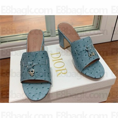 Loro Piana HEEL 8cm ostrich pattern leather summer charms mules blue 2024