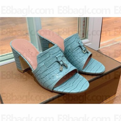 Loro Piana HEEL 8cm crocodile pattern leather summer charms mules BLUE 2024