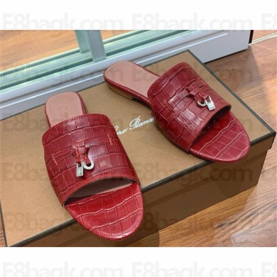 Loro Piana crocodile pattern leather summer charms mules BURGUNDY 2024