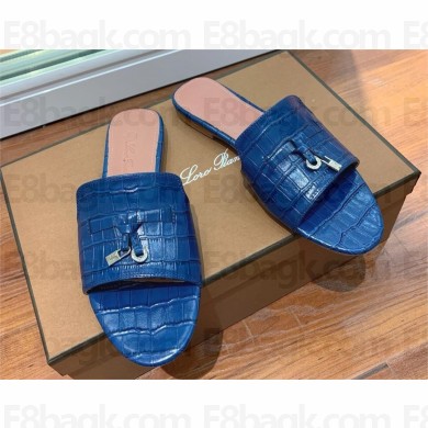 Loro Piana crocodile pattern leather summer charms mules NAVY 2024