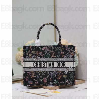 Dior medium Book Tote Bag in Black Multicolor Dior Herbarium Embroidery 2024