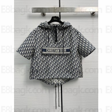 DIOR Blue and Ecru Technical Taffeta Jacquard with Dior Oblique Motif Hooded Anorak 2023