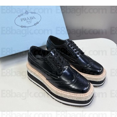 Prada Black Brogue Leather Espadrille Derby Sneakers 2024
