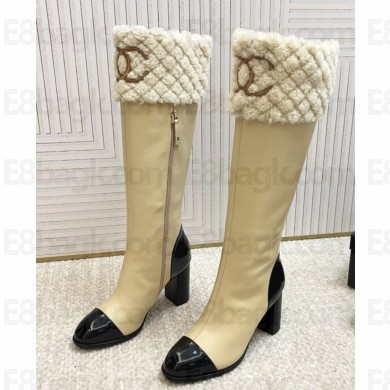 chanel Lambskin double c with shearling zipper boots ib beige heel 8.5cm 2024