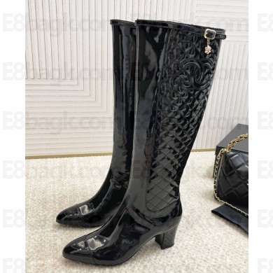 chanel patent leather classic Quilting  Boots in black heel 6.5cm 2024