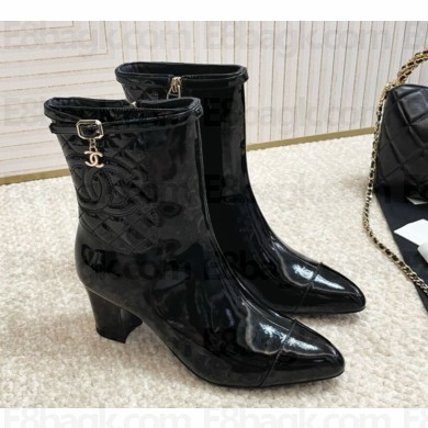 chanel patent leather classic Quilting ankle Boots in black heel 6.5cm 2024