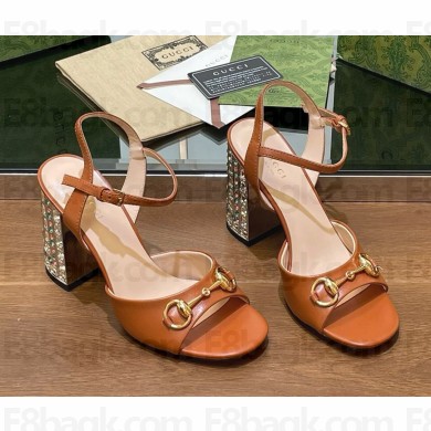 Gucci Women's Horsebit sandal Brown leather with crystal heel 9.5cm 2025