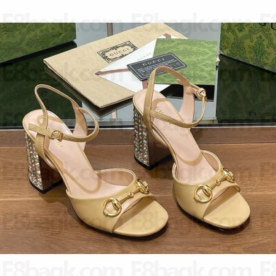 Gucci Women's Horsebit sandal beige leather with crystal heel 9.5cm 2025