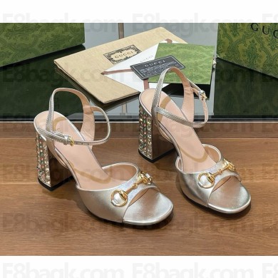 Gucci Women's Horsebit sandal silver leather with crystal heel 9.5cm 2025