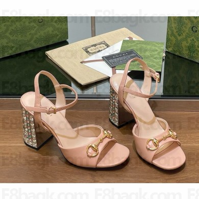Gucci Women's Horsebit sandal pink leather with crystal heel 9.5cm 2025