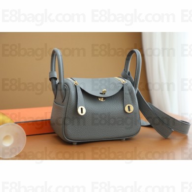 Hermes Mini Lindy 19cm Bag in original  taurillon clemence leather GRIS  MEYER with gold hardware(handmade)