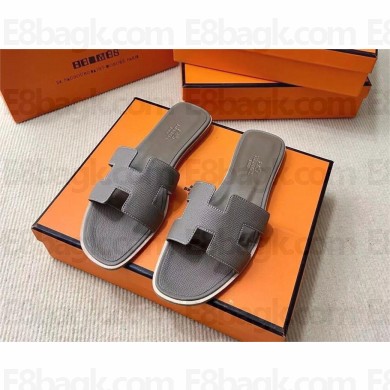 Hermes Oran Flat slippers in epsom leather etain with WHITE piping