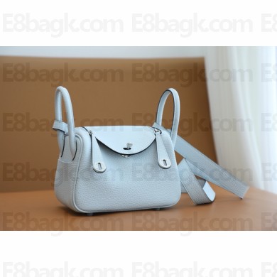 Hermes Mini Lindy 19cm Bag in original  taurillon clemence leather bleu brume with silver hardware(handmade)