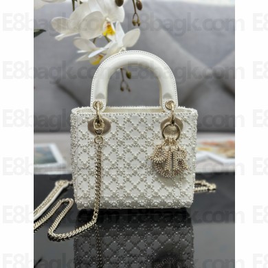 Dior Mini Lady Dior Bag with Pearls White 2023 M0505