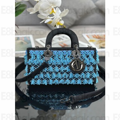 Dior Black Satin and Turquoise Beaded Fringe Lady D-Joy Bag 2023