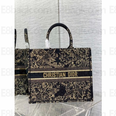 Dior Large Book Tote Bag in Black Jardin d'Hiver Embroidery with Gold-Tone Metallic Thread 2022