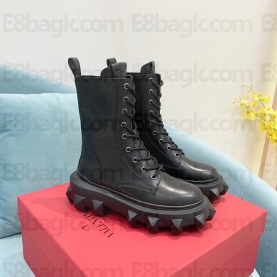 VALENTINO GARAVANI TRACKSTUD CALFSKIN COMBAT BOOT BLACK