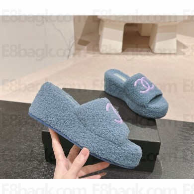 Chanel Platform CC Logo Shearling slippers blue 2024
