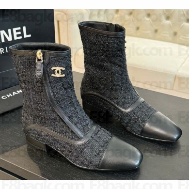 Chanel Tweed/leather with zipper ankle Boots black 1118-2024
