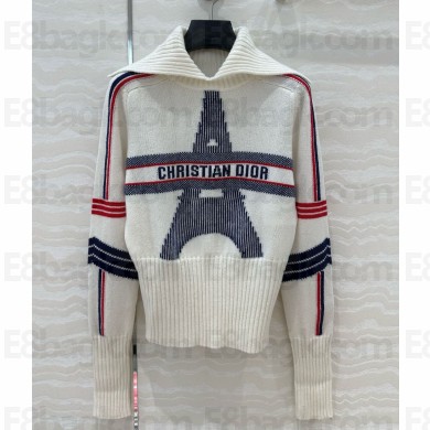 DiorAlps Mock-Neck Sweater White Wool and Cashmere Knit with Three-Tone Eiffel Tower Motif 2024