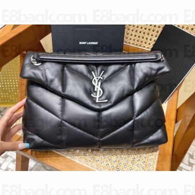 Saint Laurent loulou puffer medium chain bag in quilted lambskin 577475 black with silver hardware(original quality)