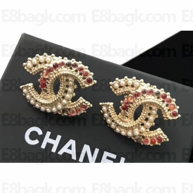 Chanel CC Stud Earrings Pearly White/Red 2018