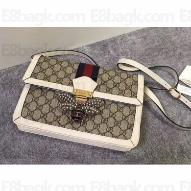 Gucci Queen Margaret Metal Bee Web GG Supreme Medium Shoulder Bag 524356 white