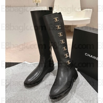 Chanel Black Leather CC Turn Lock Knee High Boots 1025-2024