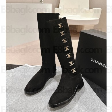 Chanel Black suede Leather CC Turn Lock Knee High Boots 1025-2024
