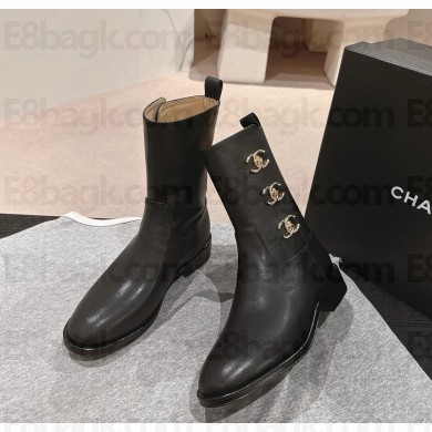 Chanel Black Leather CC Turn Lock Knee ankle Boots 1025-2024
