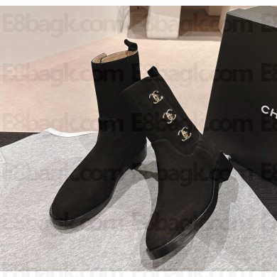 Chanel Black suede Leather CC Turn Lock Knee ankle Boots 1025-2024