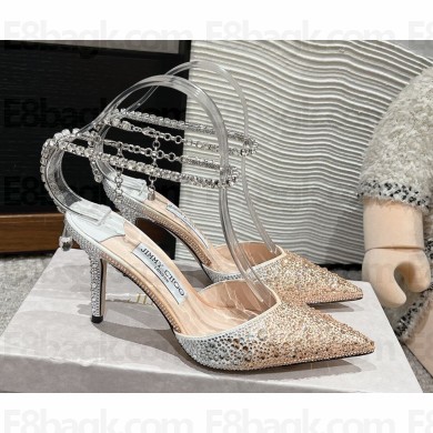 Jimmy Choo Saeda 85 Emerald Satin Pumps with Crystals beige/crystal  2024