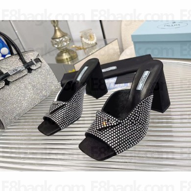 prada High-heeled satin slides with crystals black 2022