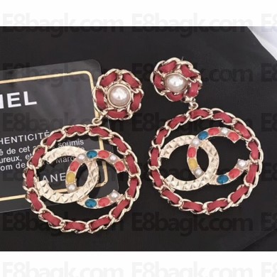 Chanel Stone CC Hoop Pendant Earrings AB0017 Gold/Red/Pearly White 2018