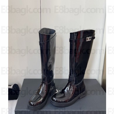 Dolce & Gabbana Logo Plaque Round Toe Leather Boots Patent Black 2024