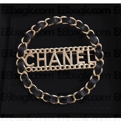 Chanel Chain and Leather Brooch with 'CHANEL' Black/Gold 2018