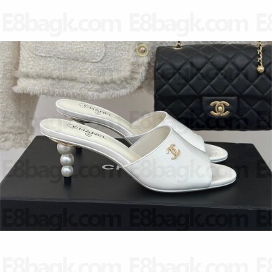 Chanel Heel 6cm Patent Lambskin & Imitation Pearls Mules white 2024