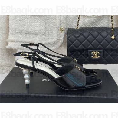 Chanel Heel 6cm Patent Lambskin & Imitation Pearls sandals black 2024