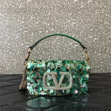 Valentino Locò Small Shoulder Bag in 3D Sequins Embroidery green 2023
