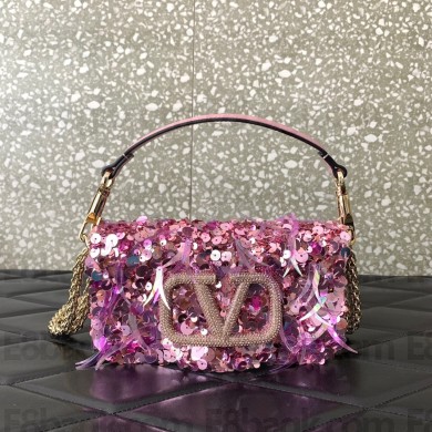 Valentino Locò Small Shoulder Bag in 3D Sequins Embroidery Pink 2023