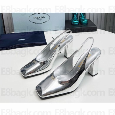 Prada Patent leather slingback pumps silvery heel 9cm 1129-2024