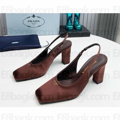 Prada satin slingback pumps brown heel 9cm 1129-2024