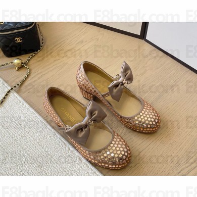 Chanel satin with bow and crystal mary janes beige 2024