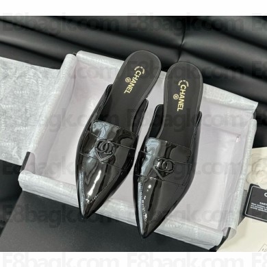 Chanel patent sheepskin pointed slippers black 1129-2024
