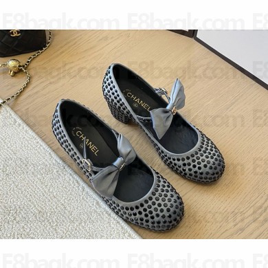 Chanel satin with bow and crystal mary janes grey 2024