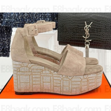 Hermes suede sandals with crystal beige heel 8cm 2025