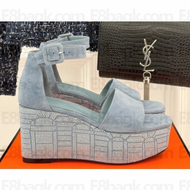 Hermes suede sandals with crystal blue heel 8cm 2025