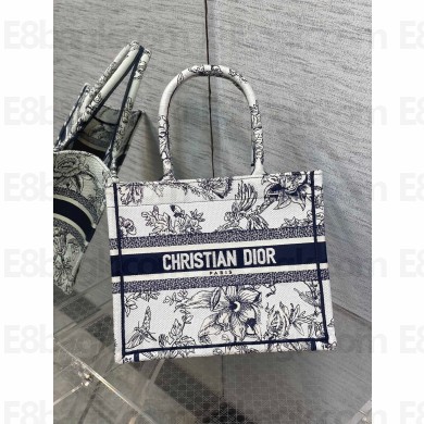 Dior Small Book Tote Bag in White and Blue Jardin Botanique Embroidery 2022