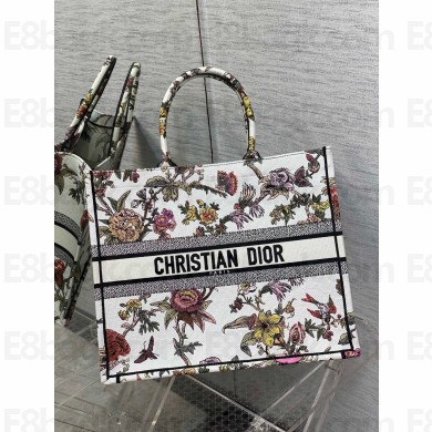 Dior Large Book Tote Bag in White Multicolor Jardin Botanique Embroidery 2022